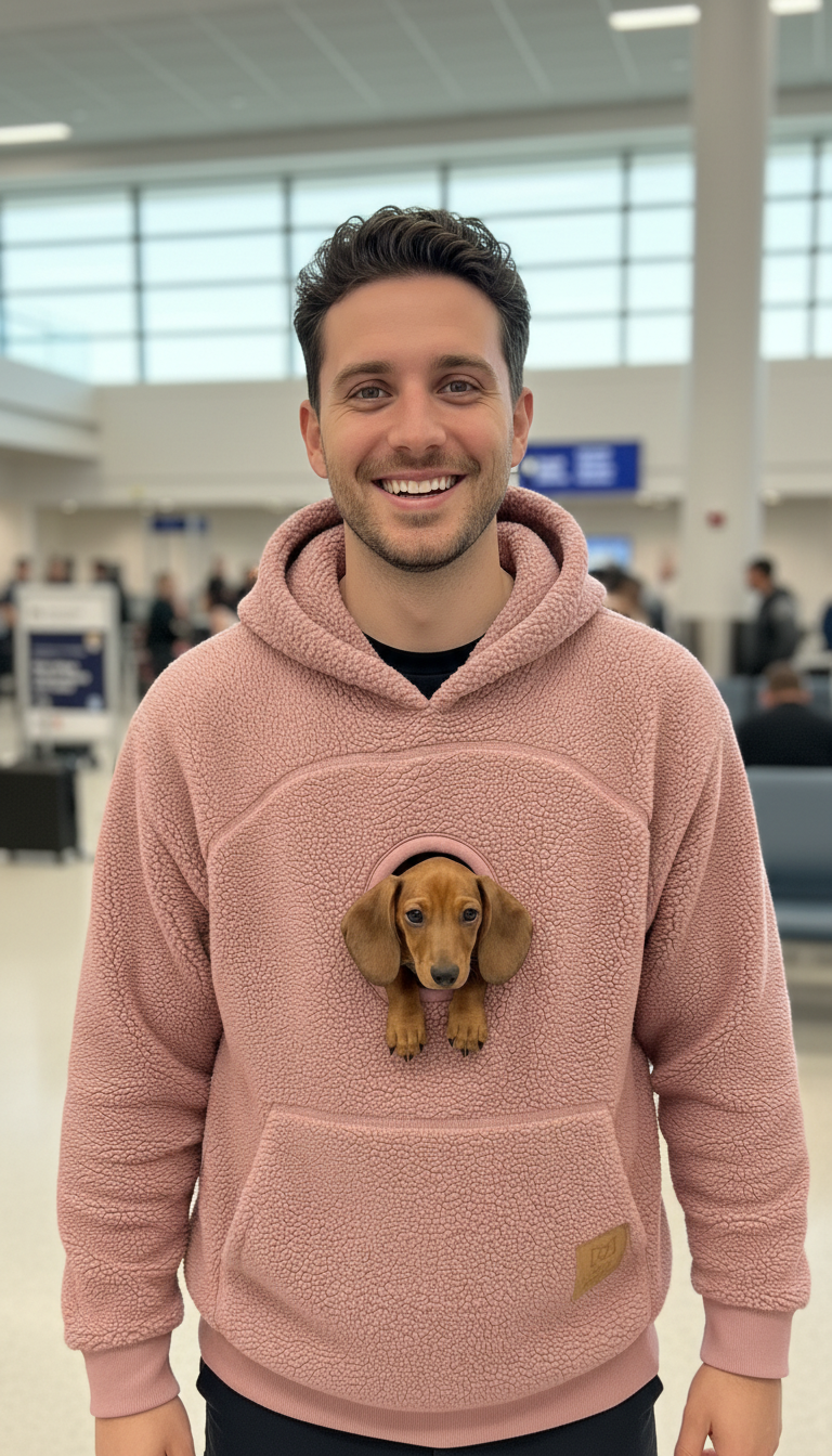 Mann im rosa Kangapaw Hoodie mit Dackelwelpe, der aus dem Guckfenster der Tasche schaut