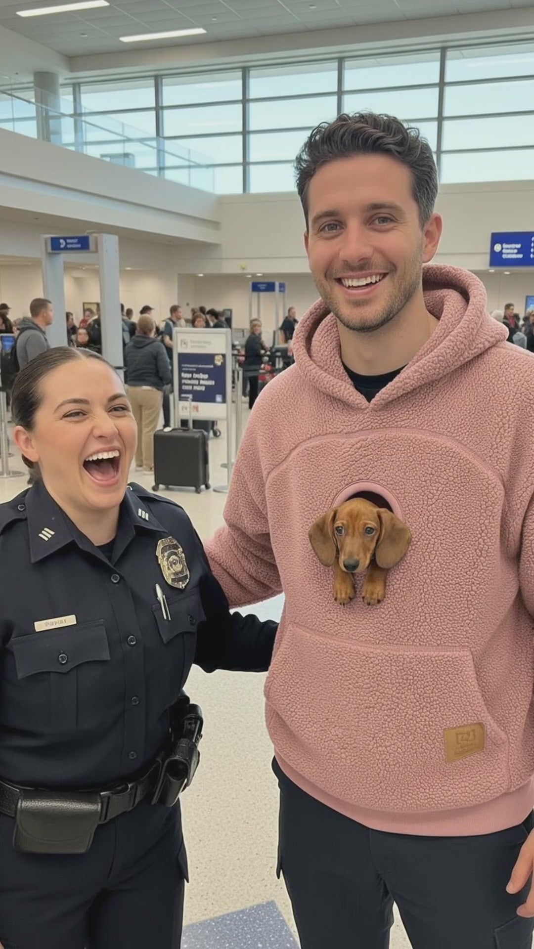 Policía del aeropuerto riéndose con un cachorro de teckel en la sudadera Kangapaw rosa
